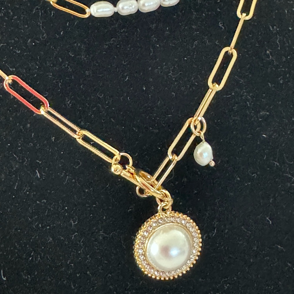 Gold Layered Necklace Multilaye Chunky layered Pearl Paperclip Chain Nec… - Picture 3 of 11